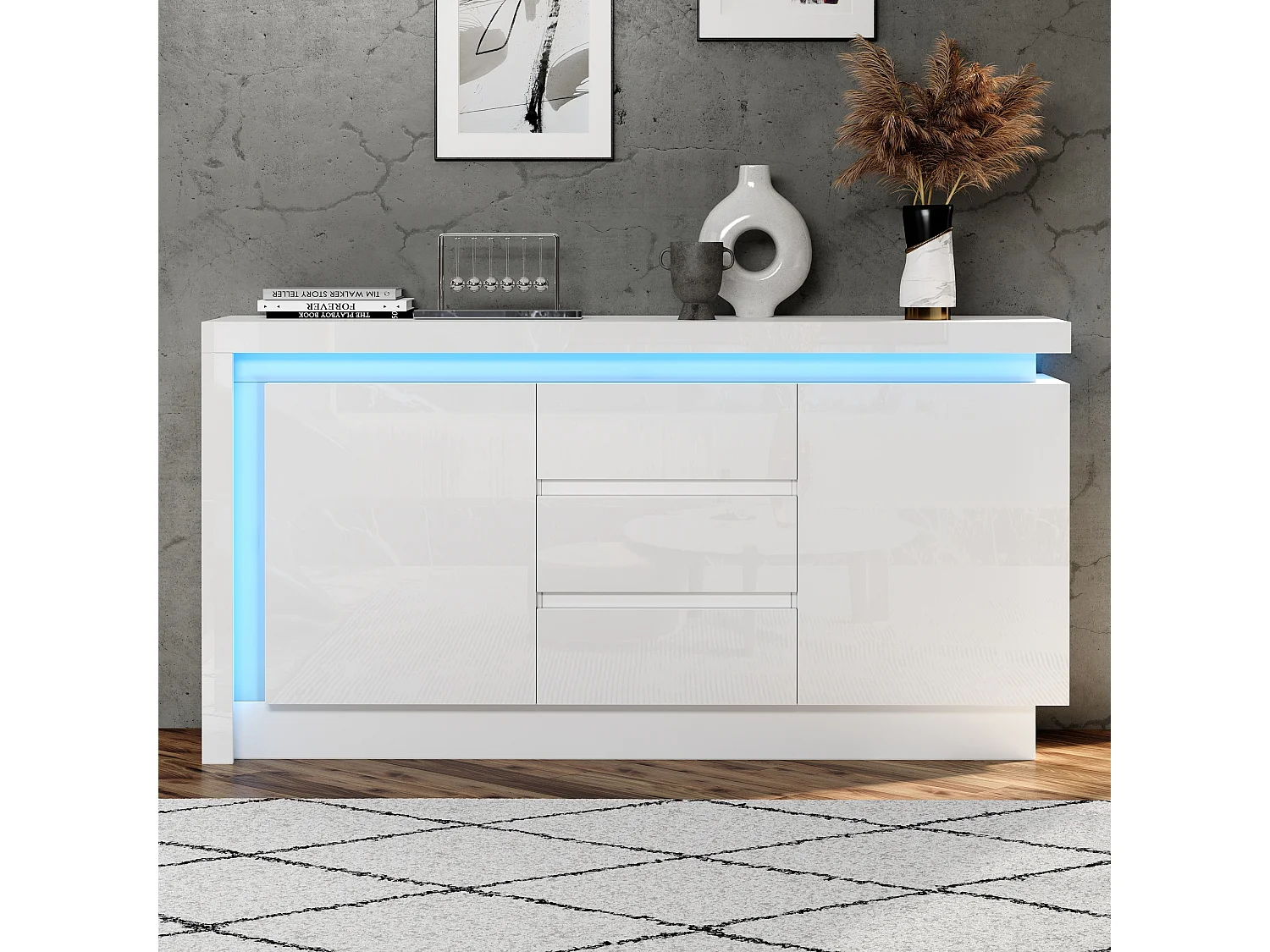 Hochglanz-Sideboard 140×35×72 cm - 2 Türen und 3 Schubladen - mit LED-Beleuchtung - mit verstellbaren Regalen - weiß