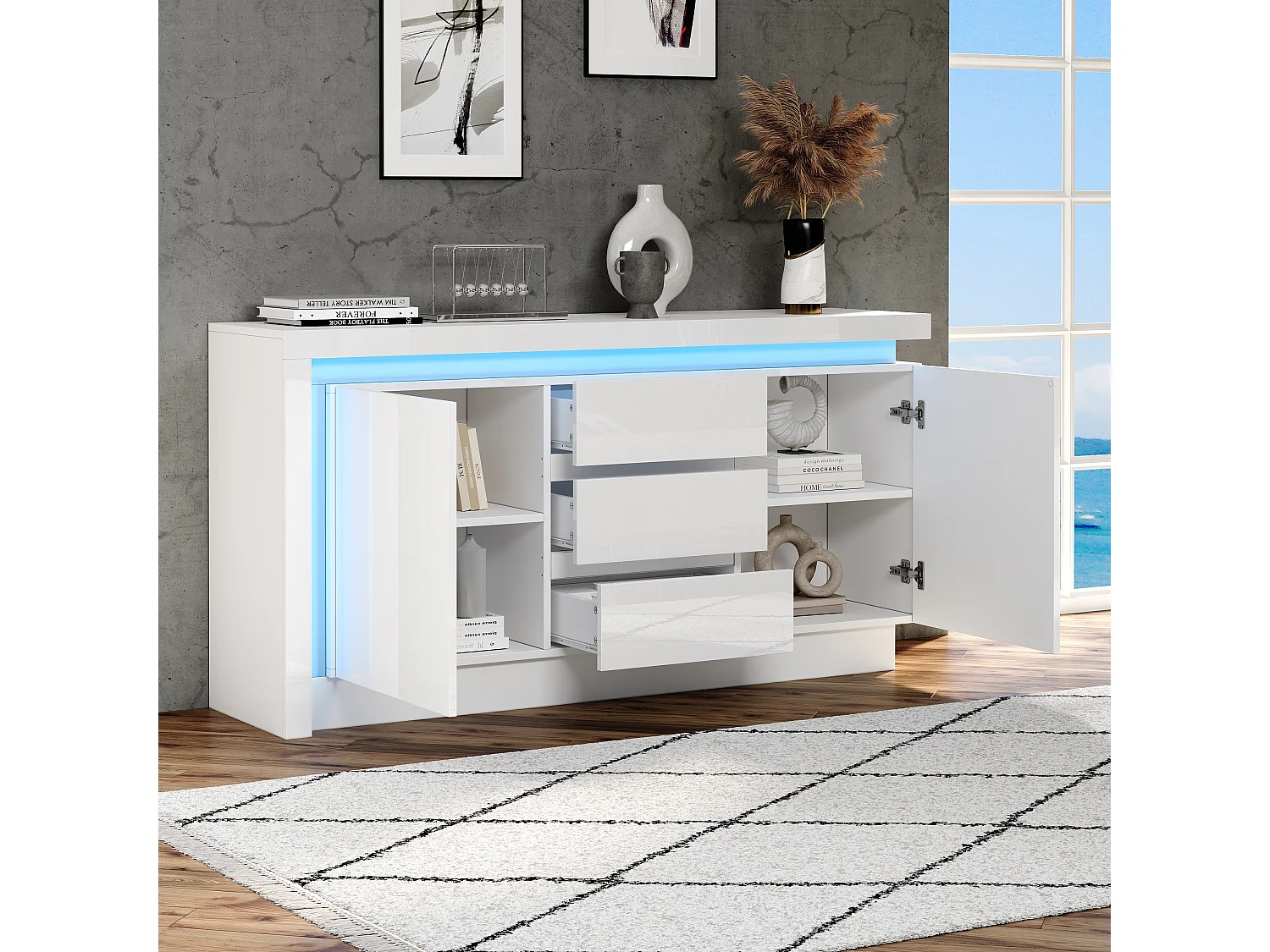 Hochglanz-Sideboard 140×35×72 cm - 2 Türen und 3 Schubladen - mit LED-Beleuchtung - mit verstellbaren Regalen - weiß