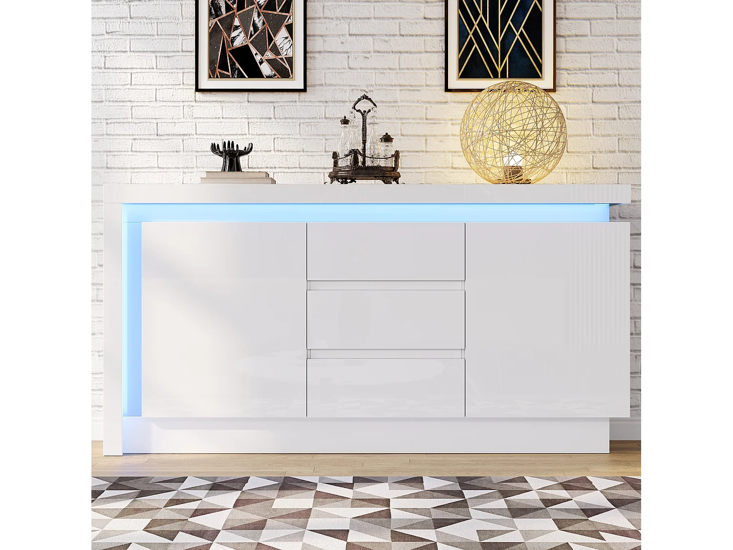 Hochglanz-Sideboard 140×35×72 cm - 2 Türen und 3 Schubladen - mit LED-Beleuchtung - mit verstellbaren Regalen - weiß