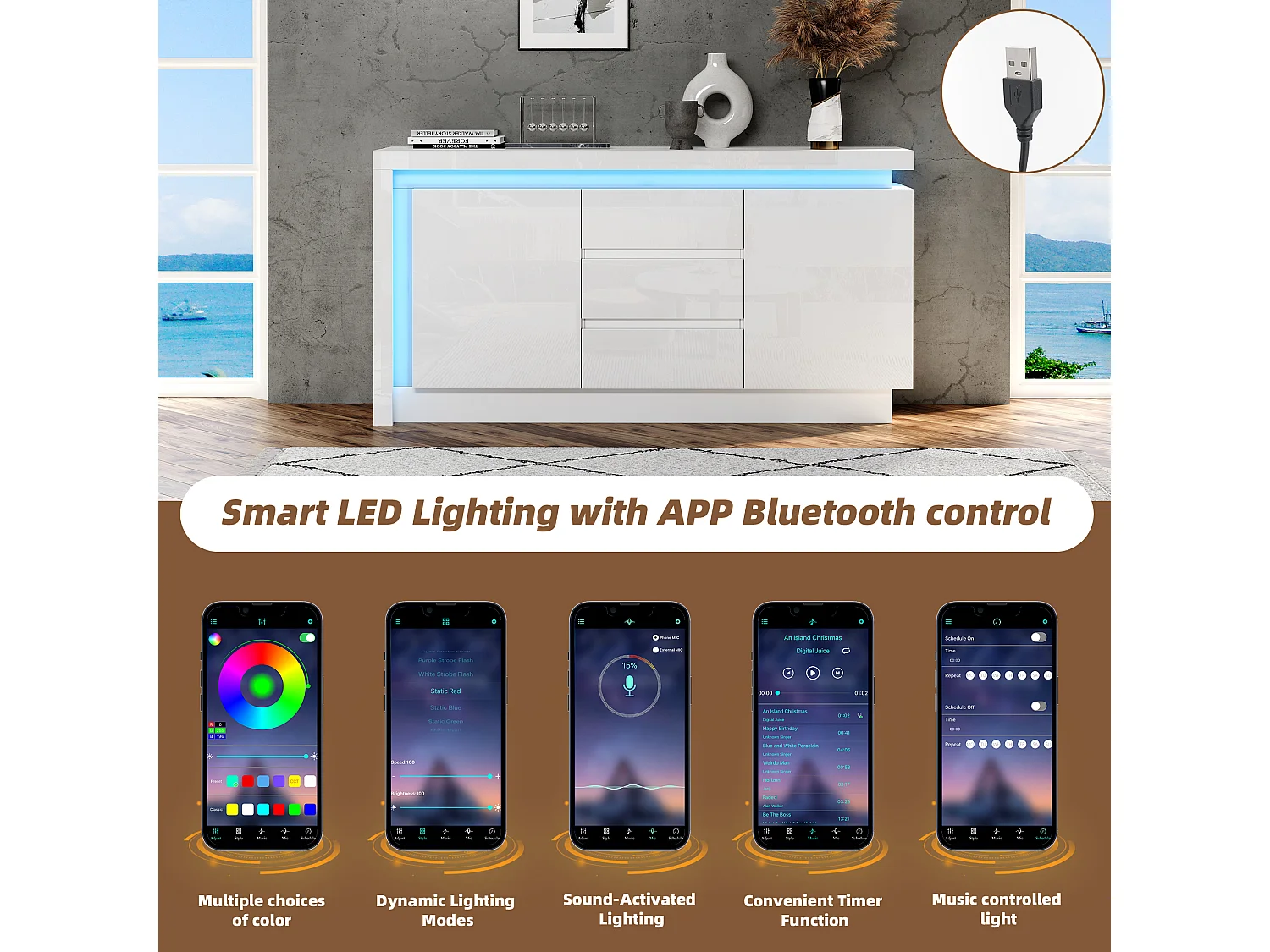 Hochglanz-Sideboard 140×35×72 cm - 2 Türen und 3 Schubladen - mit LED-Beleuchtung - mit verstellbaren Regalen - weiß