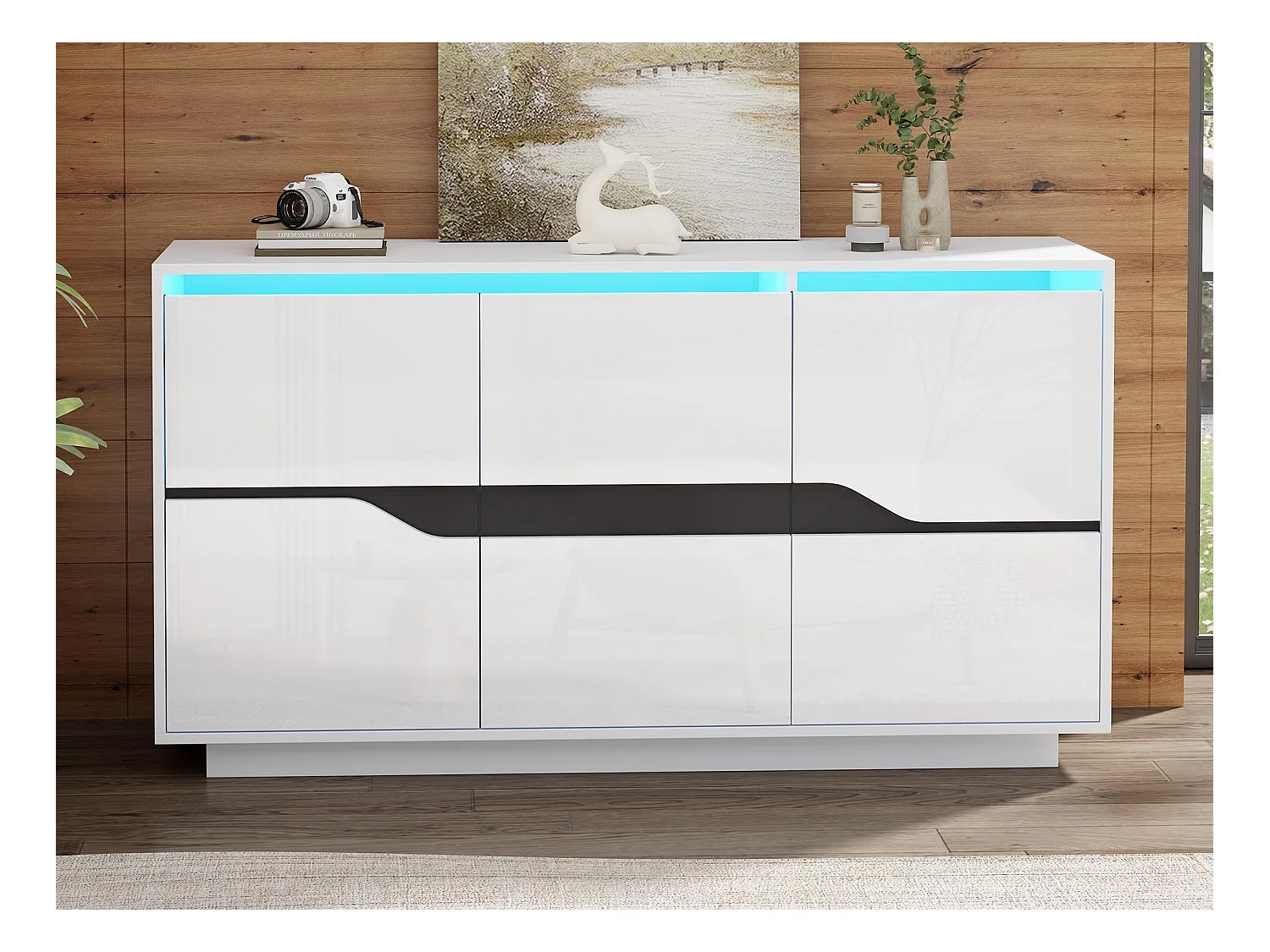 Buffet brillant 140x40x76cm - 3 portes - avec éclairage LED - avec étagères réglables - panneaux de particules - blanc