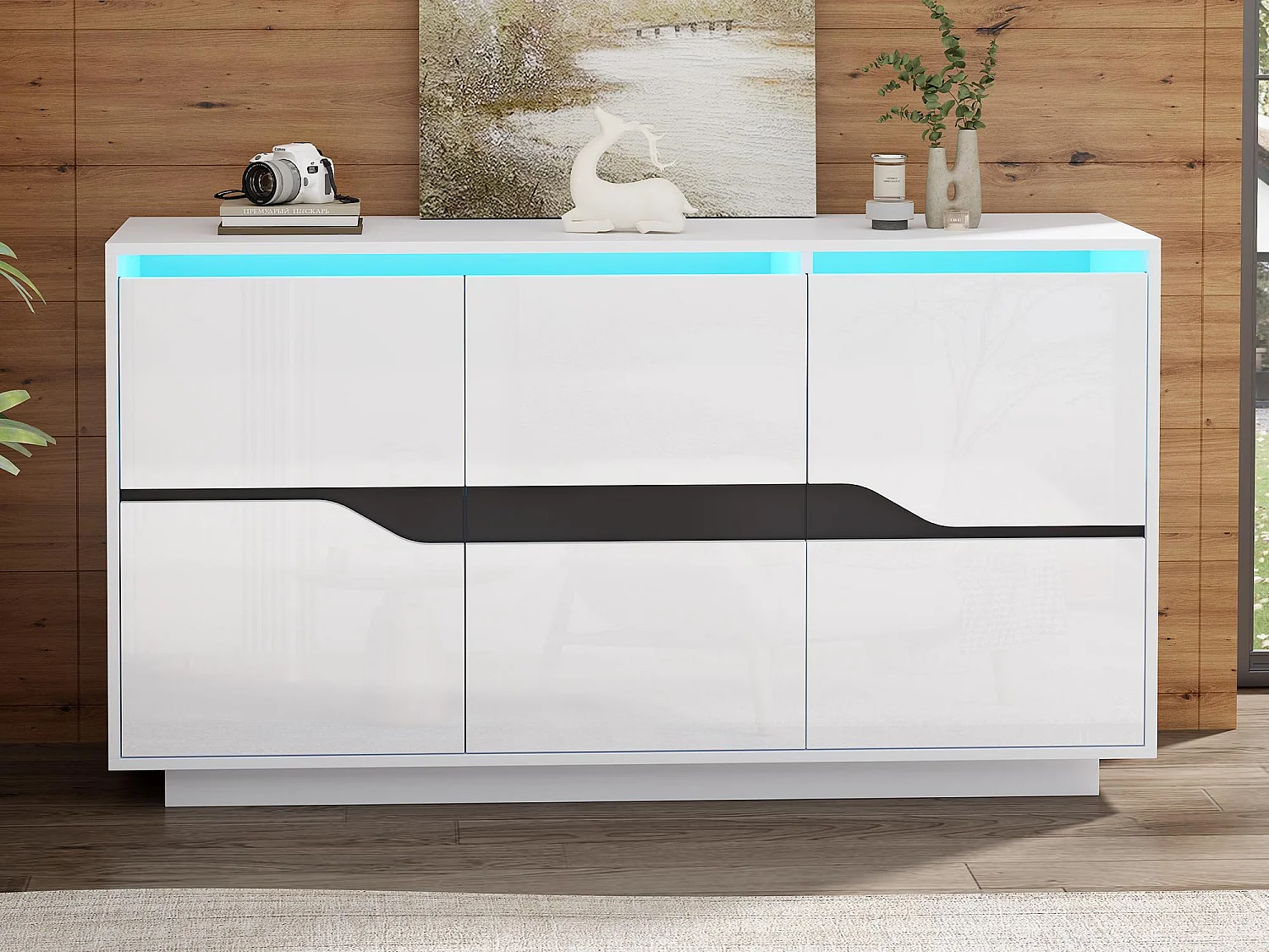 Buffet brillant 140x40x76cm - 3 portes - avec éclairage LED - avec étagères réglables - panneaux de particules - blanc
