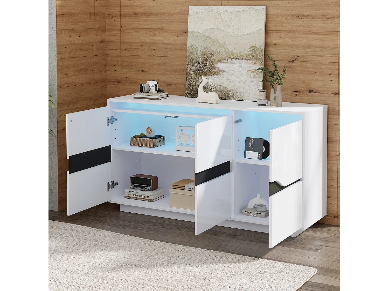 Buffet brillant 140x40x76cm - 3 portes - avec éclairage LED - avec étagères réglables - panneaux de particules - blanc