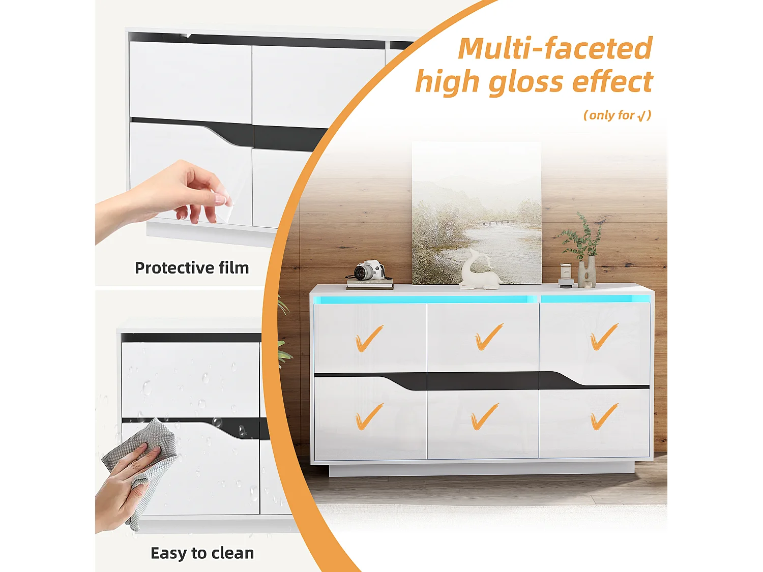 Buffet brillant 140x40x76cm - 3 portes - avec éclairage LED - avec étagères réglables - panneaux de particules - blanc