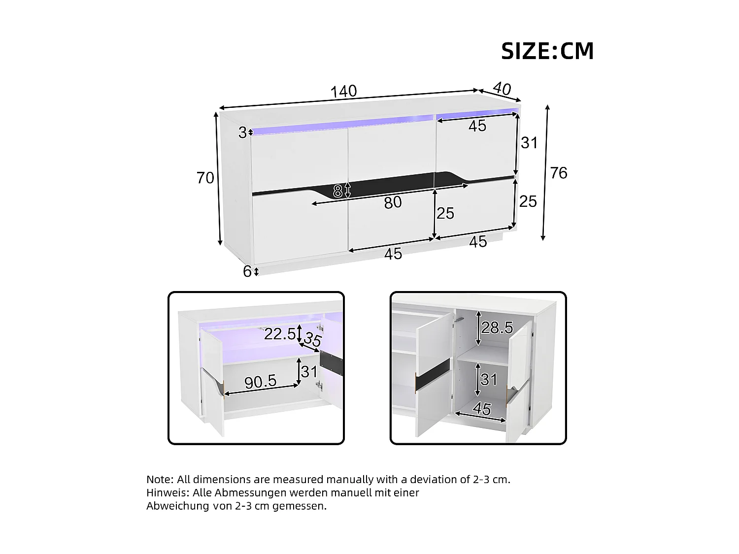 Buffet brillant 140x40x76cm - 3 portes - avec éclairage LED - avec étagères réglables - panneaux de particules - blanc