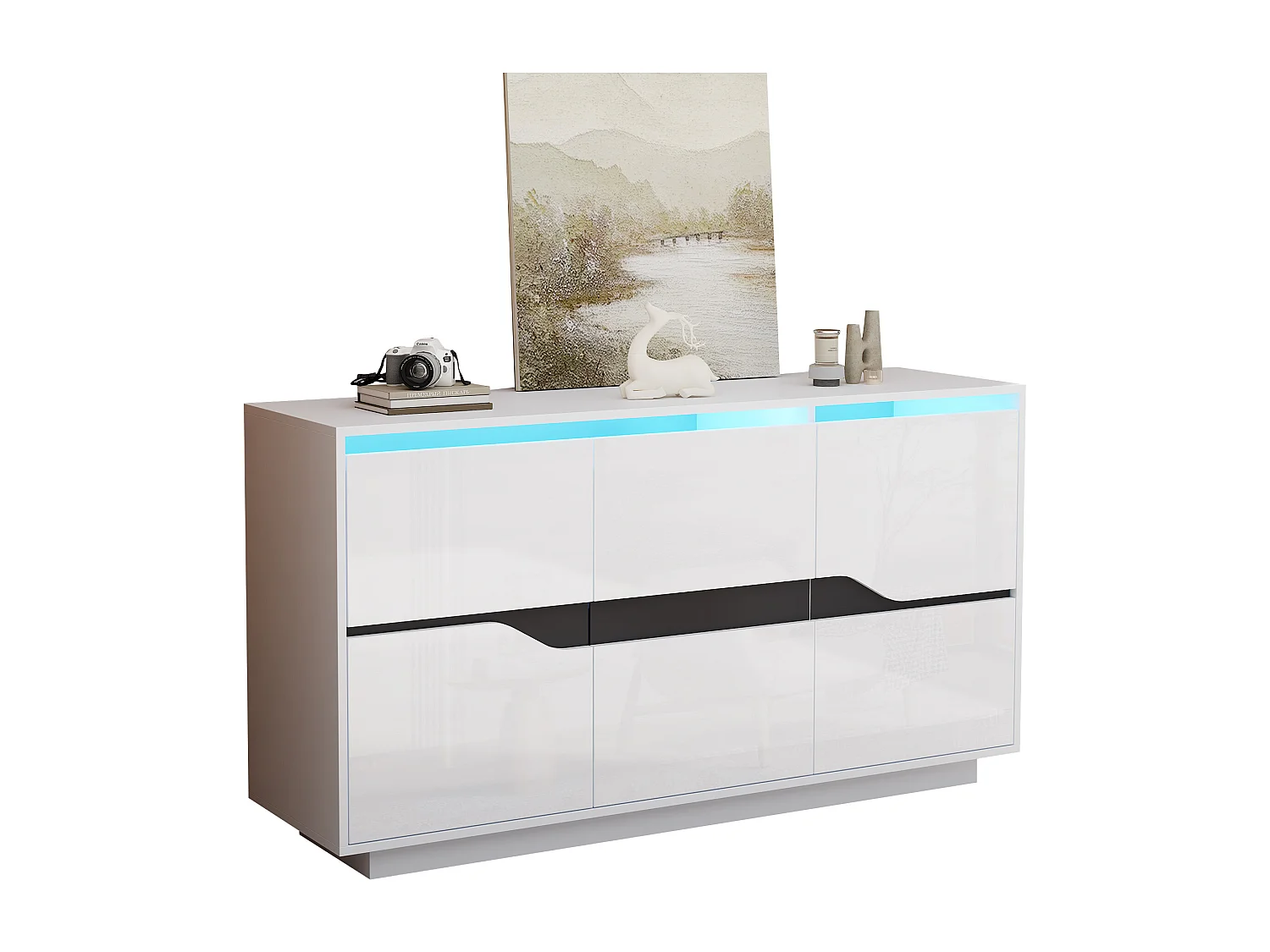 Buffet brillant 140x40x76cm - 3 portes - avec éclairage LED - avec étagères réglables - panneaux de particules - blanc