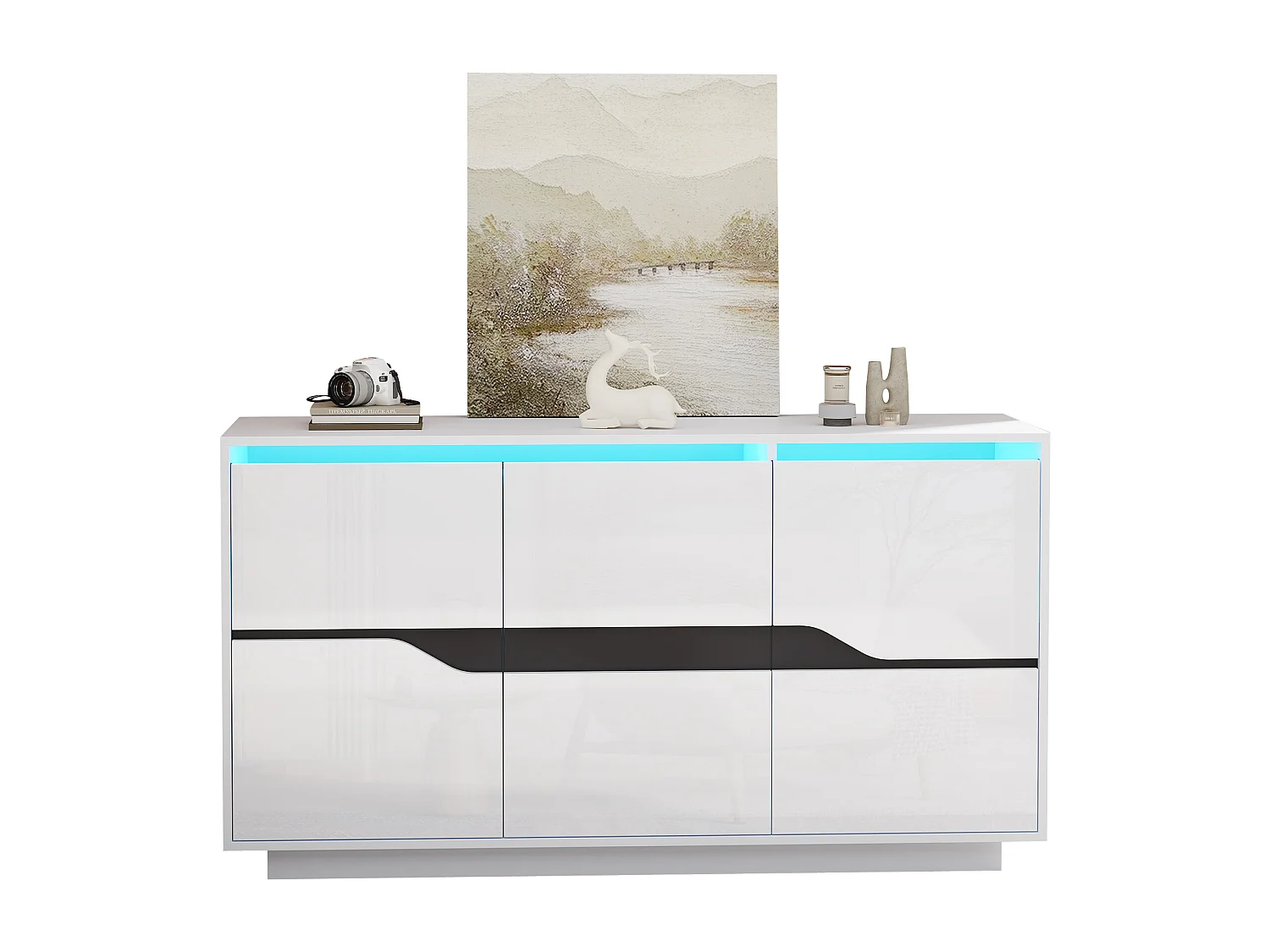 Buffet brillant 140x40x76cm - 3 portes - avec éclairage LED - avec étagères réglables - panneaux de particules - blanc