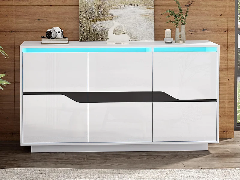 Buffet brillant 140x40x76cm - 3 portes - avec éclairage LED - avec étagères réglables - panneaux de particules - blanc