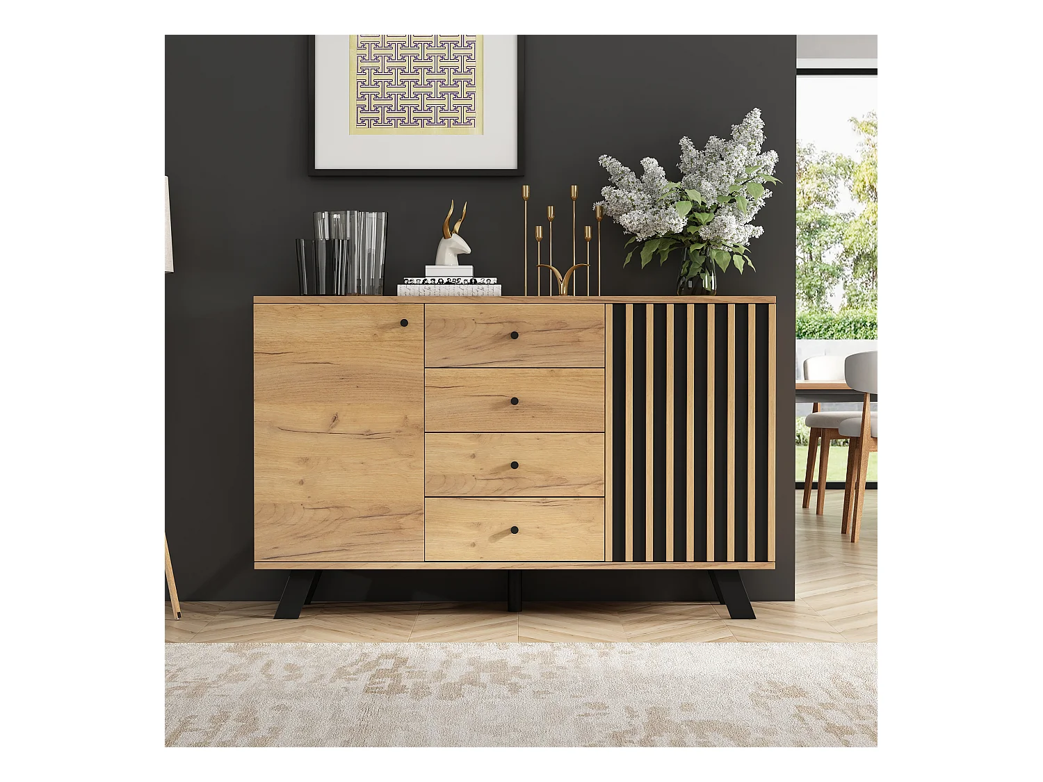 Credenza 120×38×75 cm - 4 cassetti e 2 ante - MDF - naturale