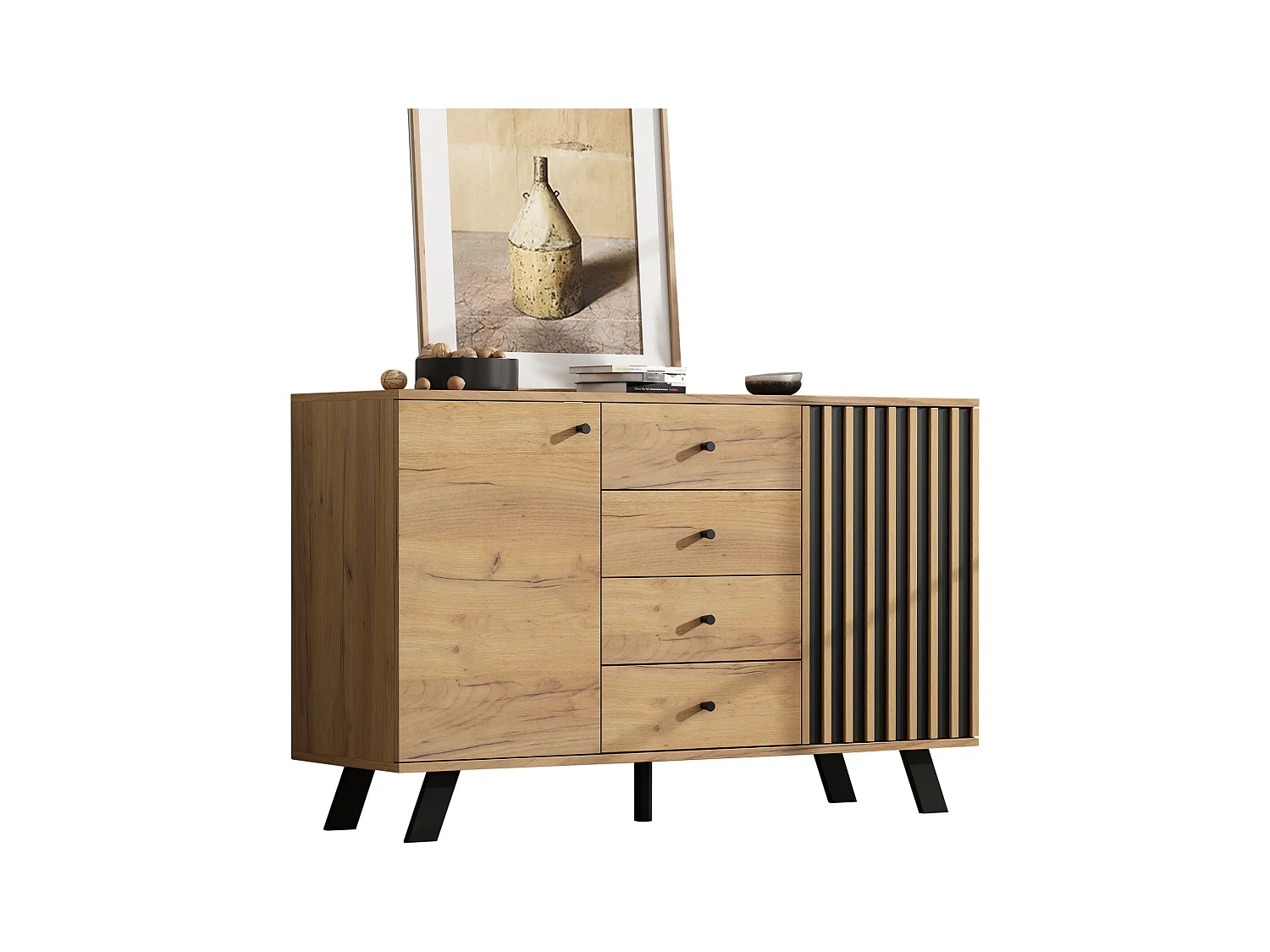 Credenza 120×38×75 cm - 4 cassetti e 2 ante - MDF - naturale