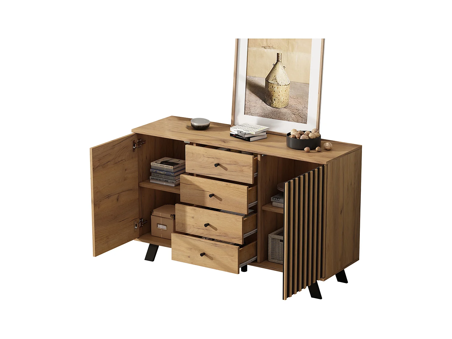 Credenza 120×38×75 cm - 4 cassetti e 2 ante - MDF - naturale
