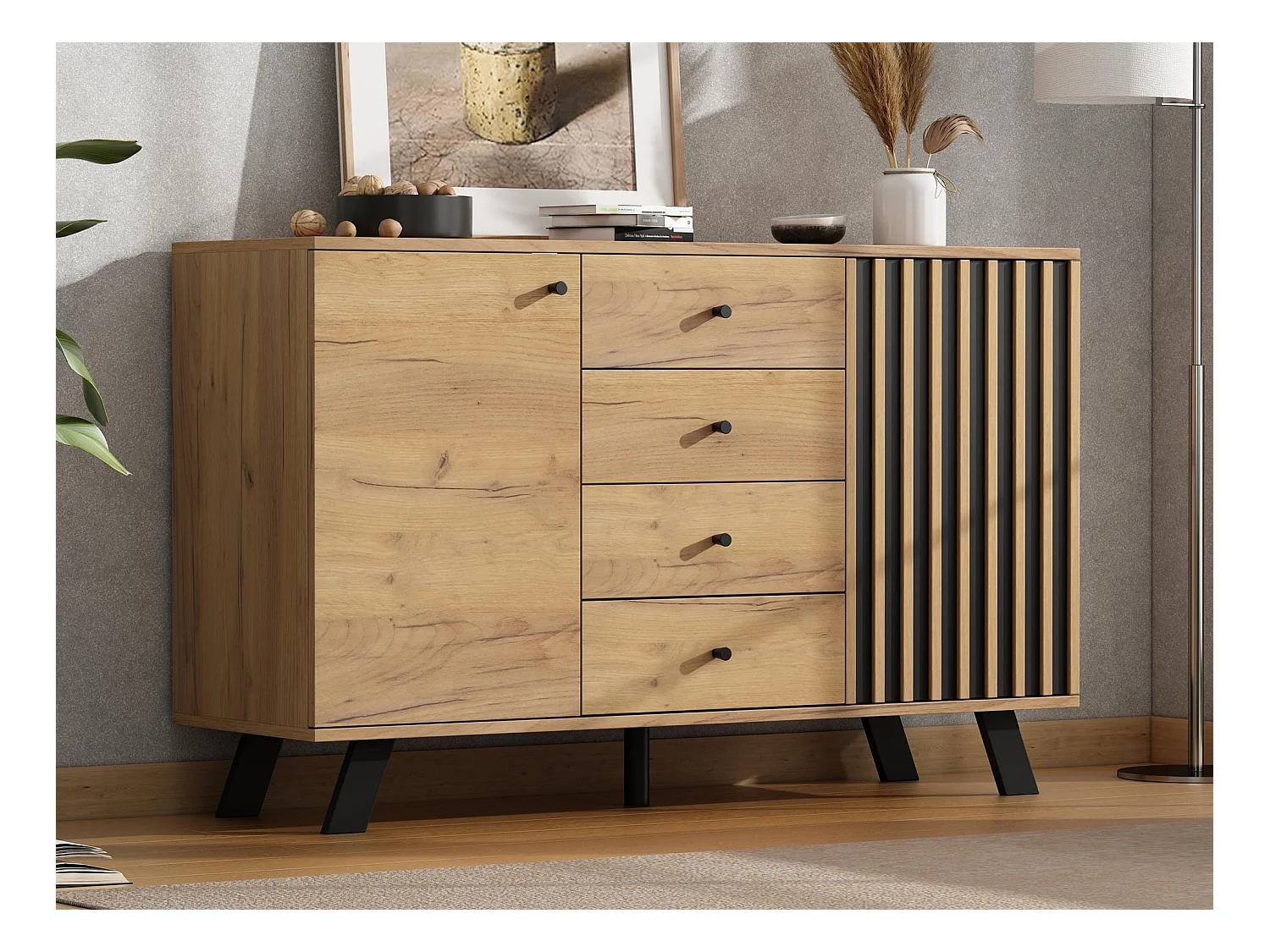 Buffet 120x38x75cm - 4 tiroirs et 2 portes - MDF - naturel