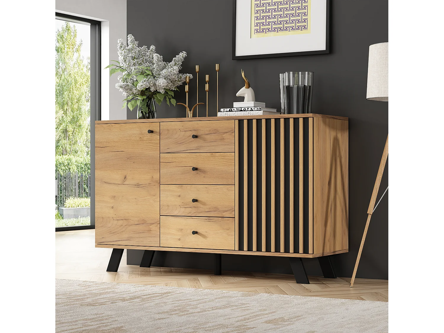 Buffet 120x38x75cm - 4 tiroirs et 2 portes - MDF - naturel