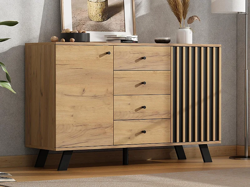 Buffet 120x38x75cm - 4 tiroirs et 2 portes - MDF - naturel