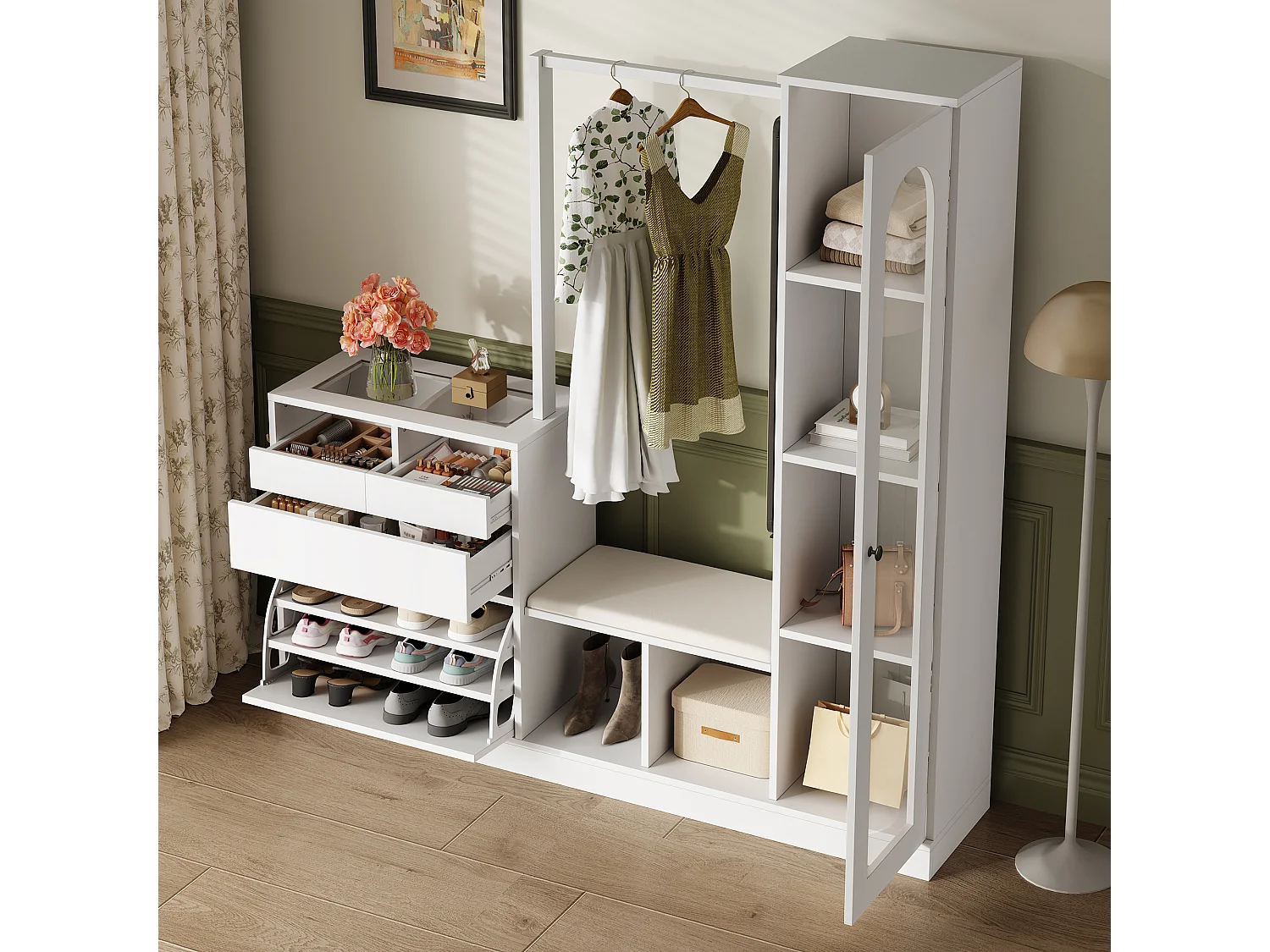 Ensemble vestiaire d'entrée 163×35×161 cm - avec tringle à vêtements et miroir - banc à chaussures et meuble à chaussures - avec LED - Blanc