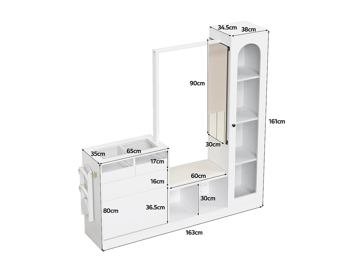 Ensemble vestiaire d'entrée 163×35×161 cm - avec tringle à vêtements et miroir - banc à chaussures et meuble à chaussures - avec LED - Blanc