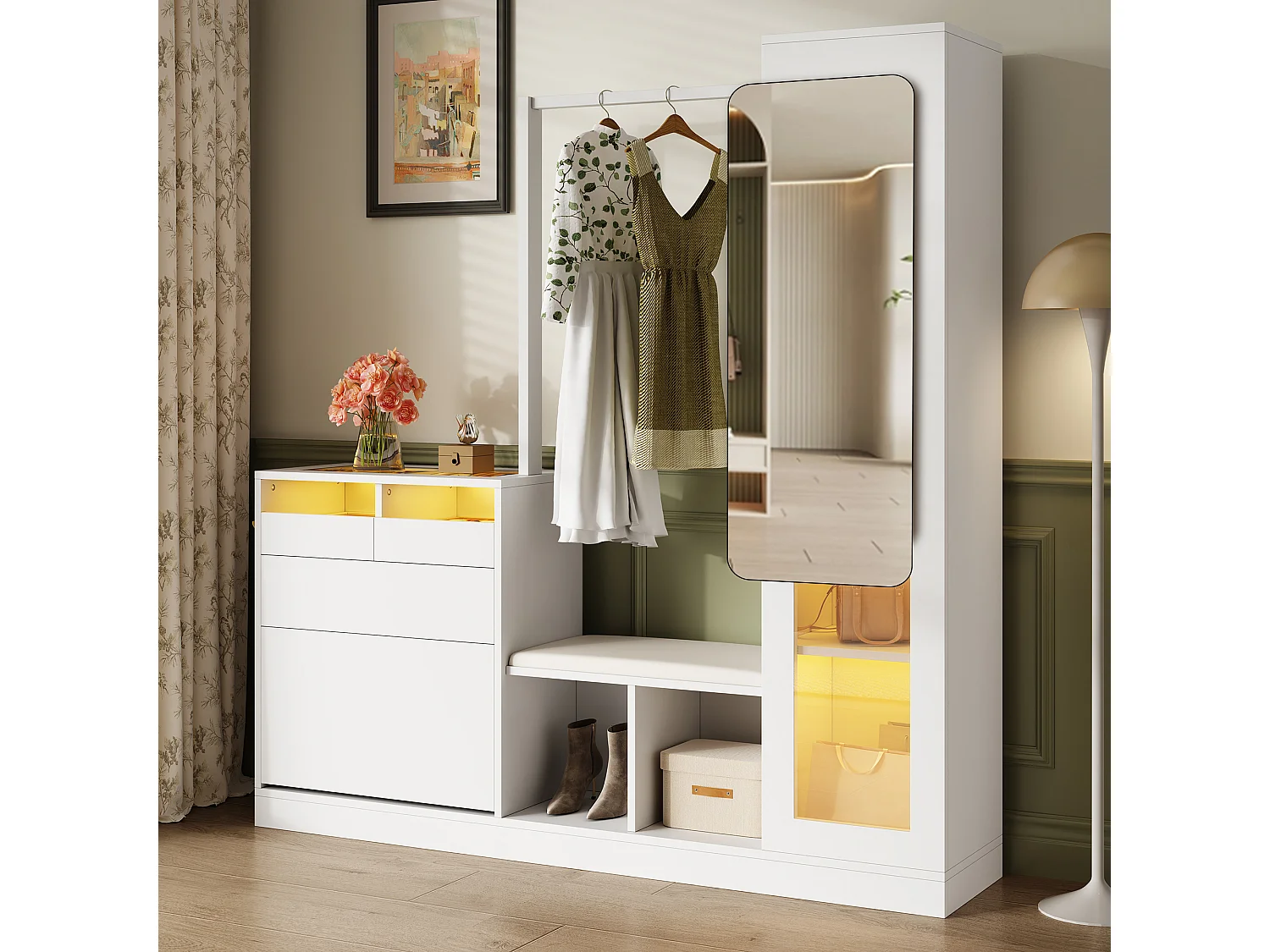 Ensemble vestiaire d'entrée 163×35×161 cm - avec tringle à vêtements et miroir - banc à chaussures et meuble à chaussures - avec LED - Blanc