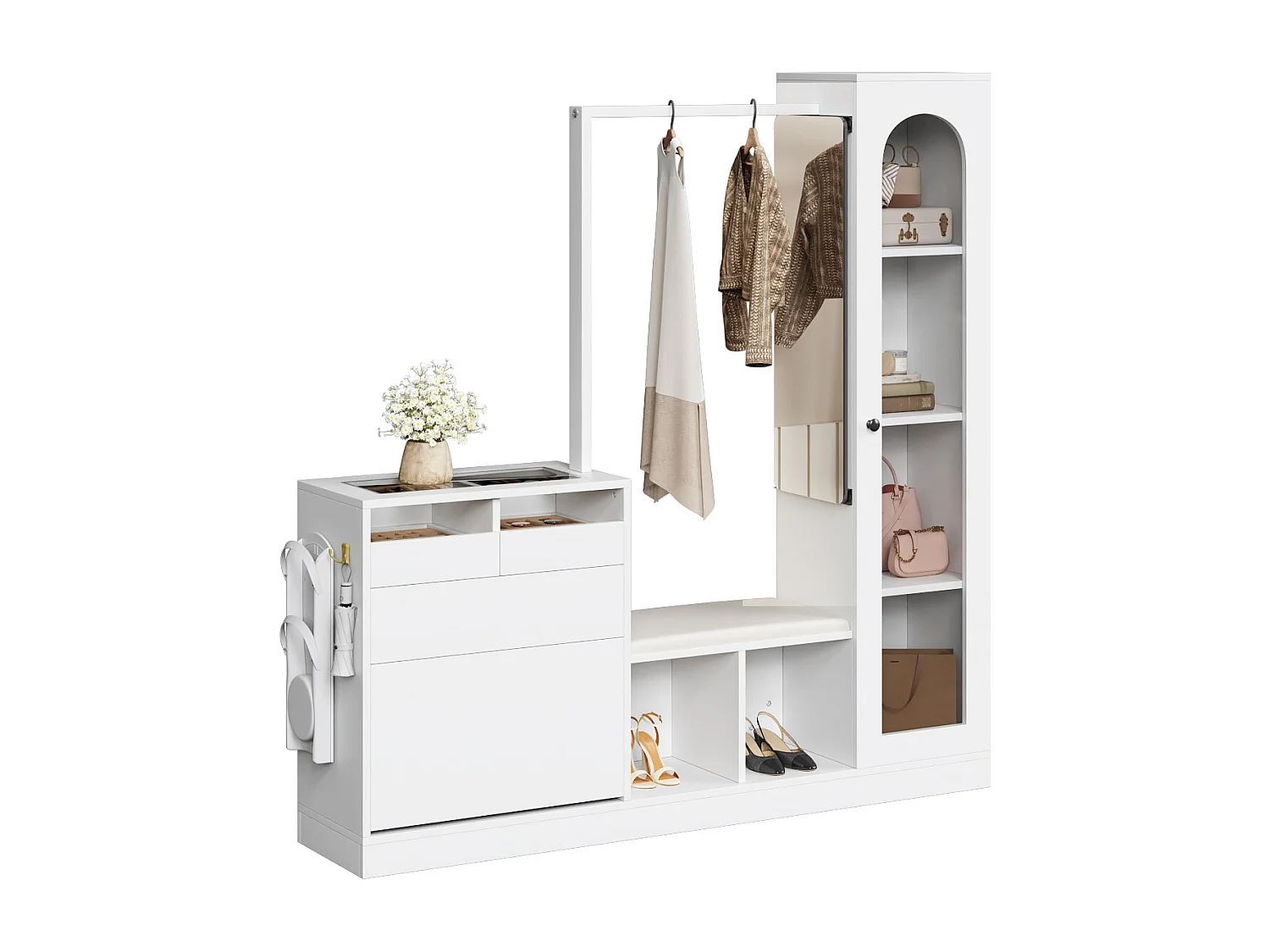 Ensemble vestiaire d'entrée 163×35×161 cm - avec tringle à vêtements et miroir - banc à chaussures et meuble à chaussures - avec LED - Blanc