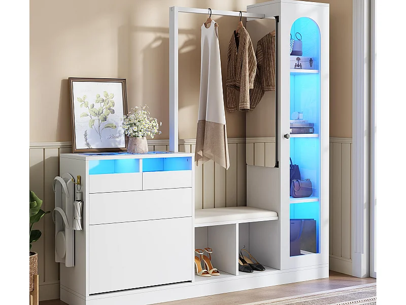 Zestaw przedpokojowy 163×35×161 cm - z wieszakiem i lustrem - ławka i szafka na buty - z oświetleniem LED - Biały