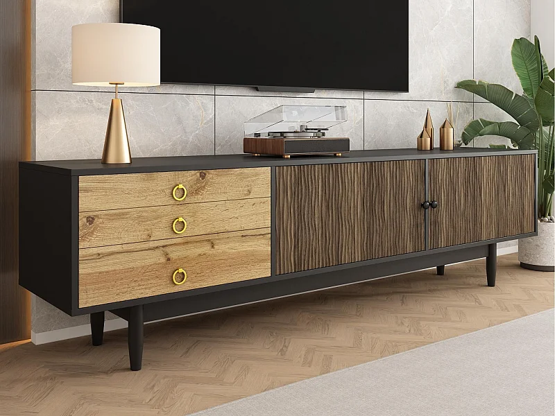 TV-meubel 180×38×50 cm - 2 deuren en 3 laden - MDF + spaanplaat - Zwart + Natuur