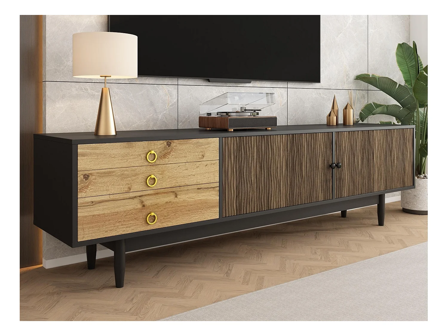 Meuble TV 180x38x50 cm - 2 portes et 3 tiroirs - MDF + panneaux de particules - Noir + Naturel