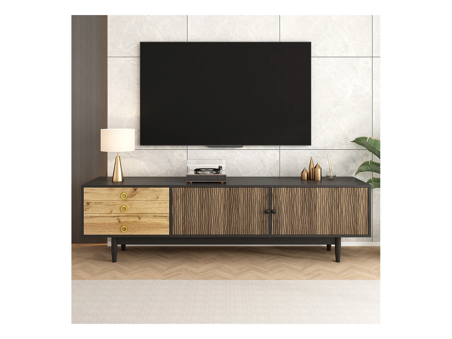 Meuble TV 180x38x50 cm - 2 portes et 3 tiroirs - MDF + panneaux de particules - Noir + Naturel