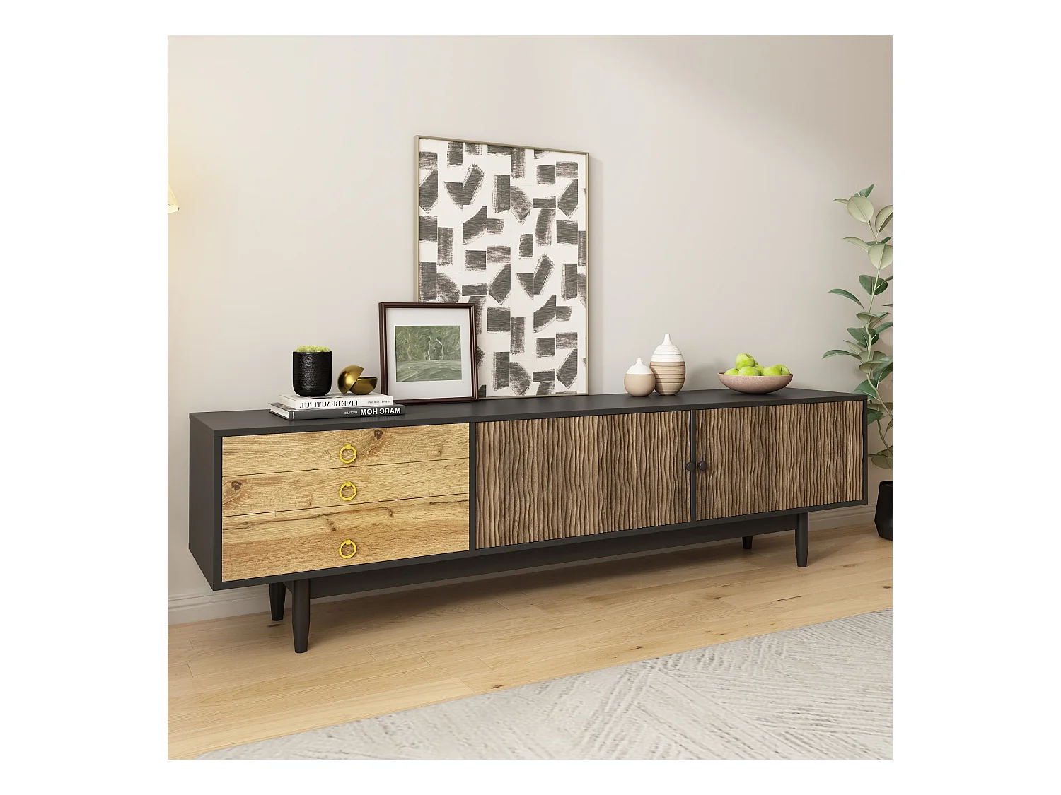 Meuble TV 180x38x50 cm - 2 portes et 3 tiroirs - MDF + panneaux de particules - Noir + Naturel