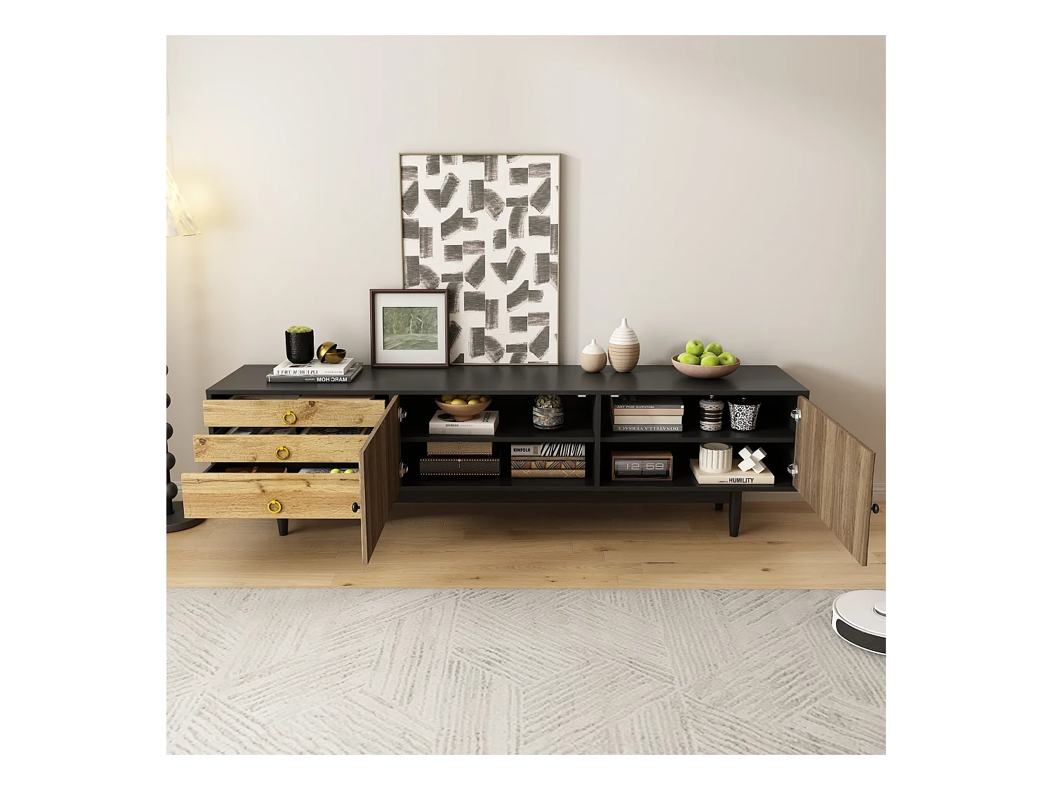 Meuble TV 180x38x50 cm - 2 portes et 3 tiroirs - MDF + panneaux de particules - Noir + Naturel