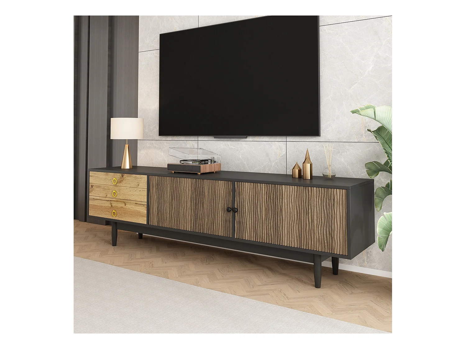 Meuble TV 180x38x50 cm - 2 portes et 3 tiroirs - MDF + panneaux de particules - Noir + Naturel