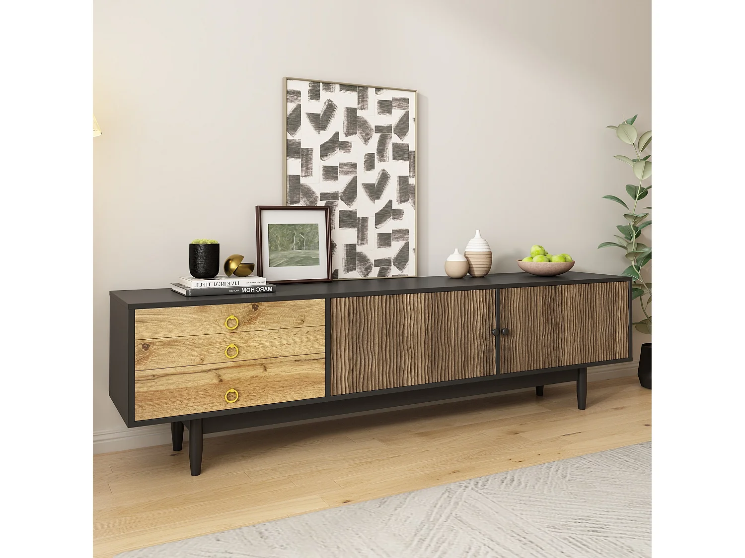 Meuble TV 180x38x50 cm - 2 portes et 3 tiroirs - MDF + panneaux de particules - Noir + Naturel