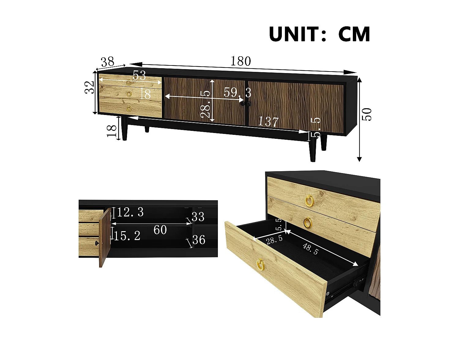 Meuble TV 180x38x50 cm - 2 portes et 3 tiroirs - MDF + panneaux de particules - Noir + Naturel