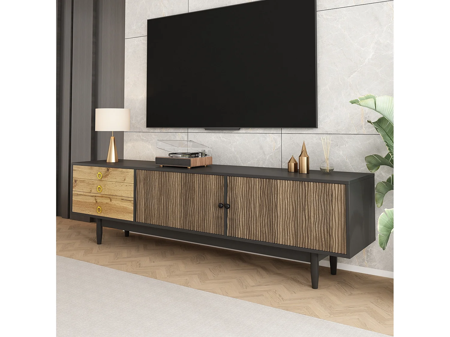 Meuble TV 180x38x50 cm - 2 portes et 3 tiroirs - MDF + panneaux de particules - Noir + Naturel