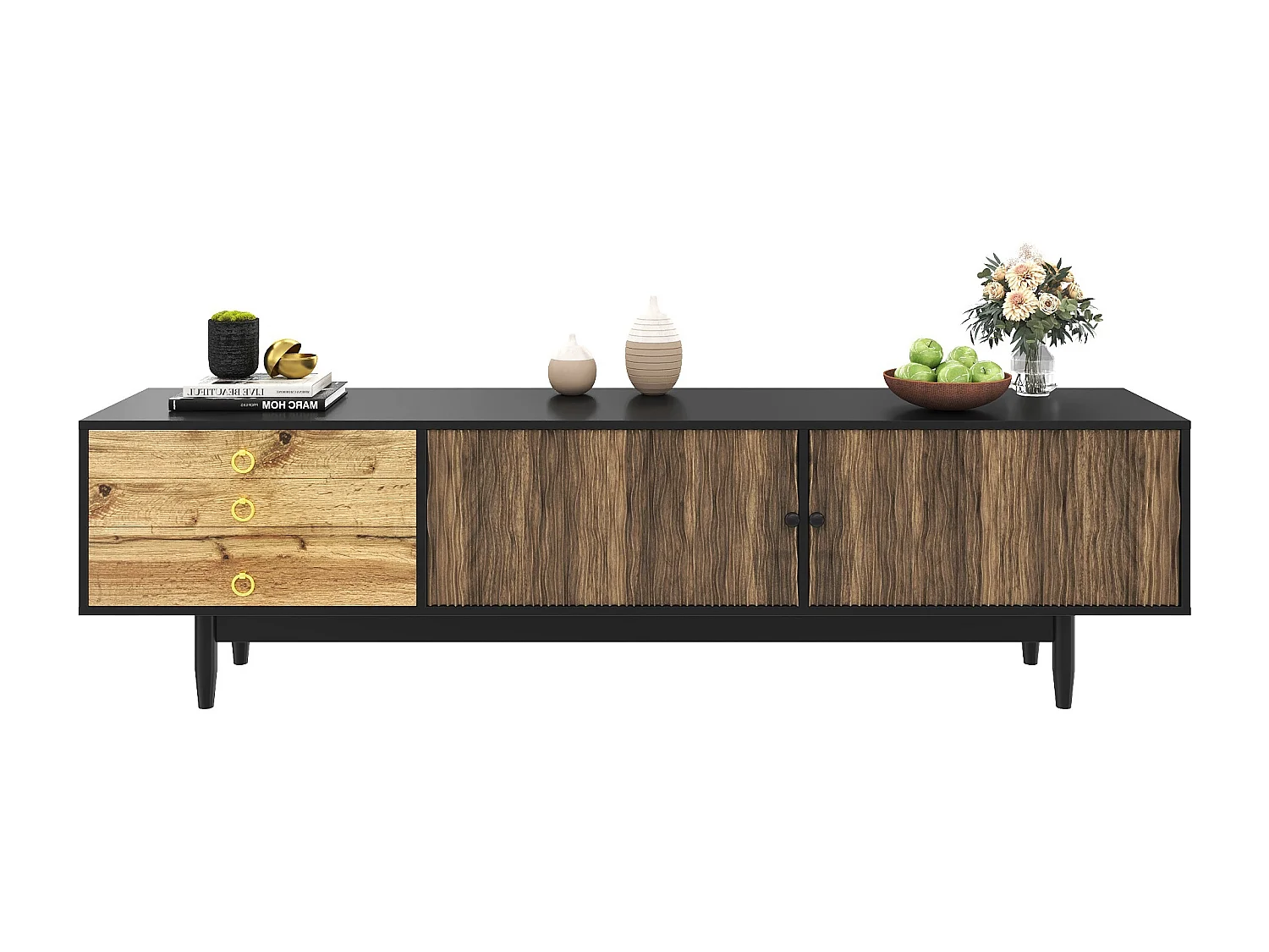 Meuble TV 180x38x50 cm - 2 portes et 3 tiroirs - MDF + panneaux de particules - Noir + Naturel