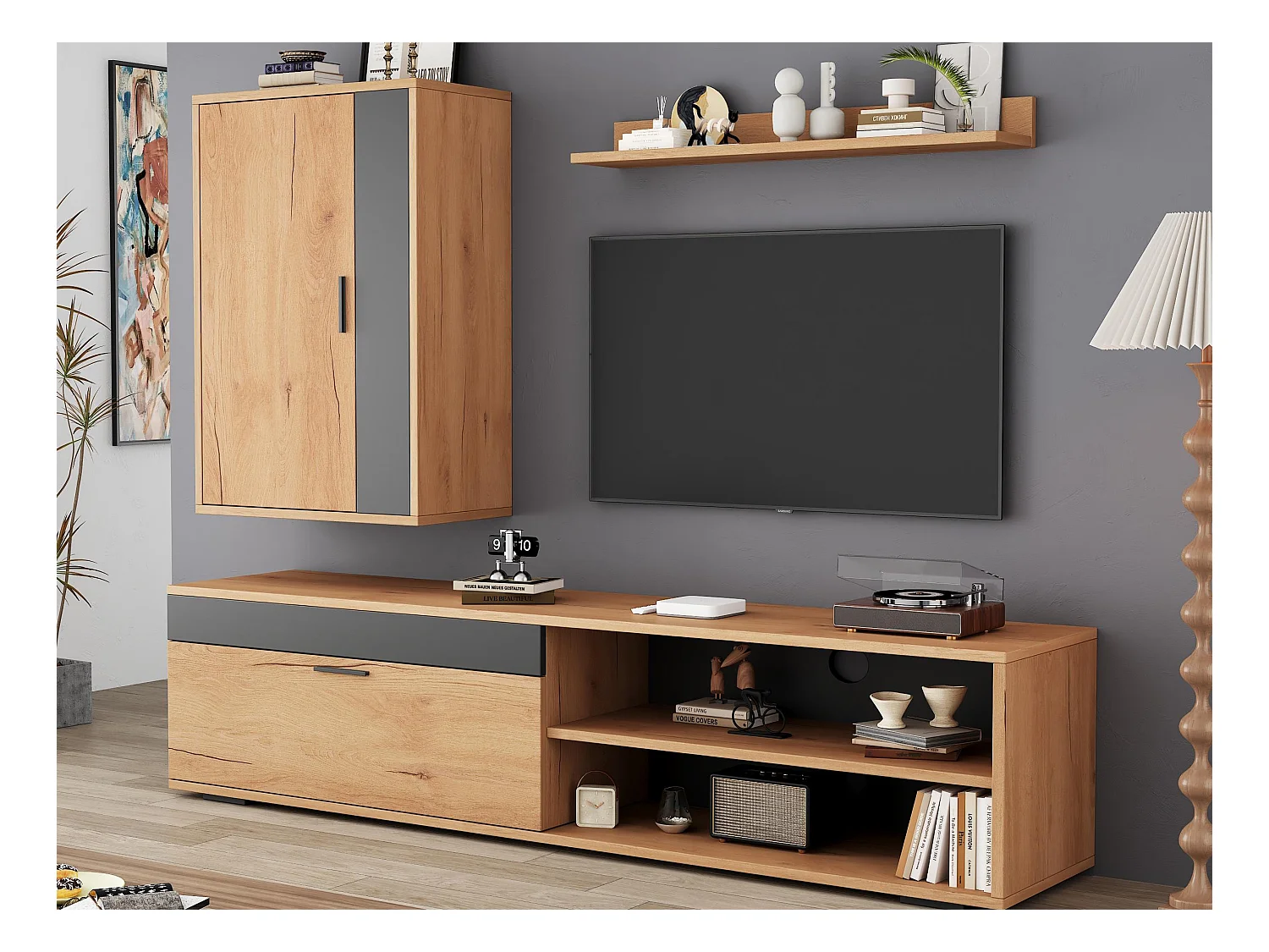 Ensemble meuble TV mural 3 pièces - Meuble TV + meuble mural + étagère - 2 portes - Panneaux de particules - Naturel + Noir