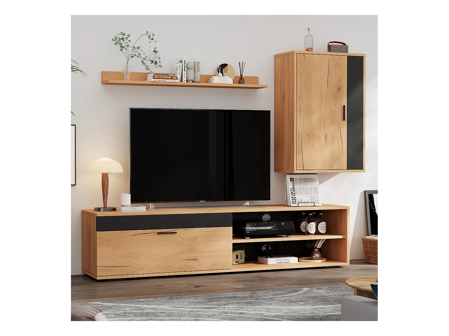 Ensemble meuble TV mural 3 pièces - Meuble TV + meuble mural + étagère - 2 portes - Panneaux de particules - Naturel + Noir