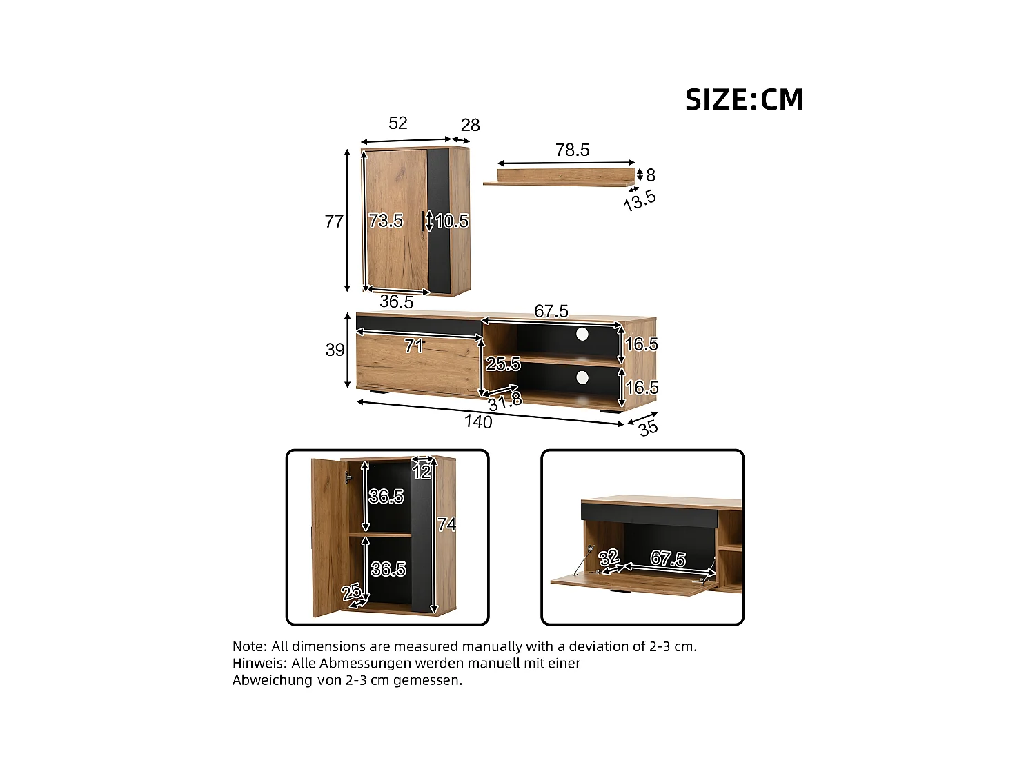 Ensemble meuble TV mural 3 pièces - Meuble TV + meuble mural + étagère - 2 portes - Panneaux de particules - Naturel + Noir
