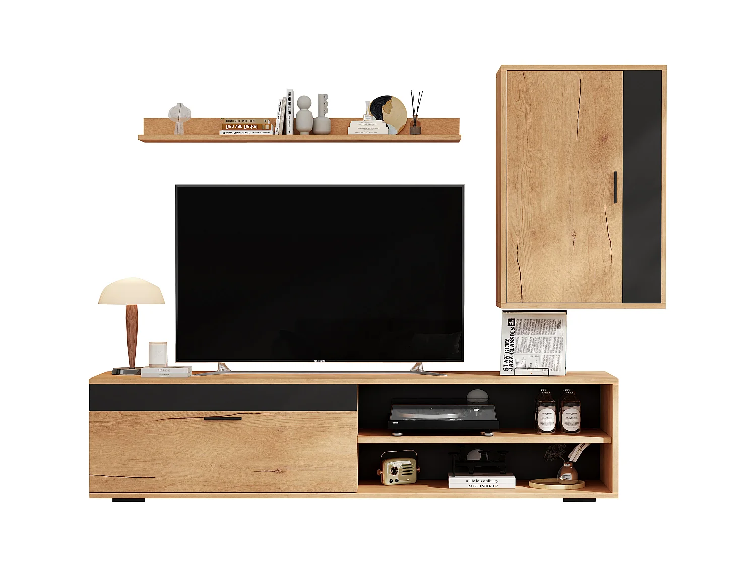 Ensemble meuble TV mural 3 pièces - Meuble TV + meuble mural + étagère - 2 portes - Panneaux de particules - Naturel + Noir