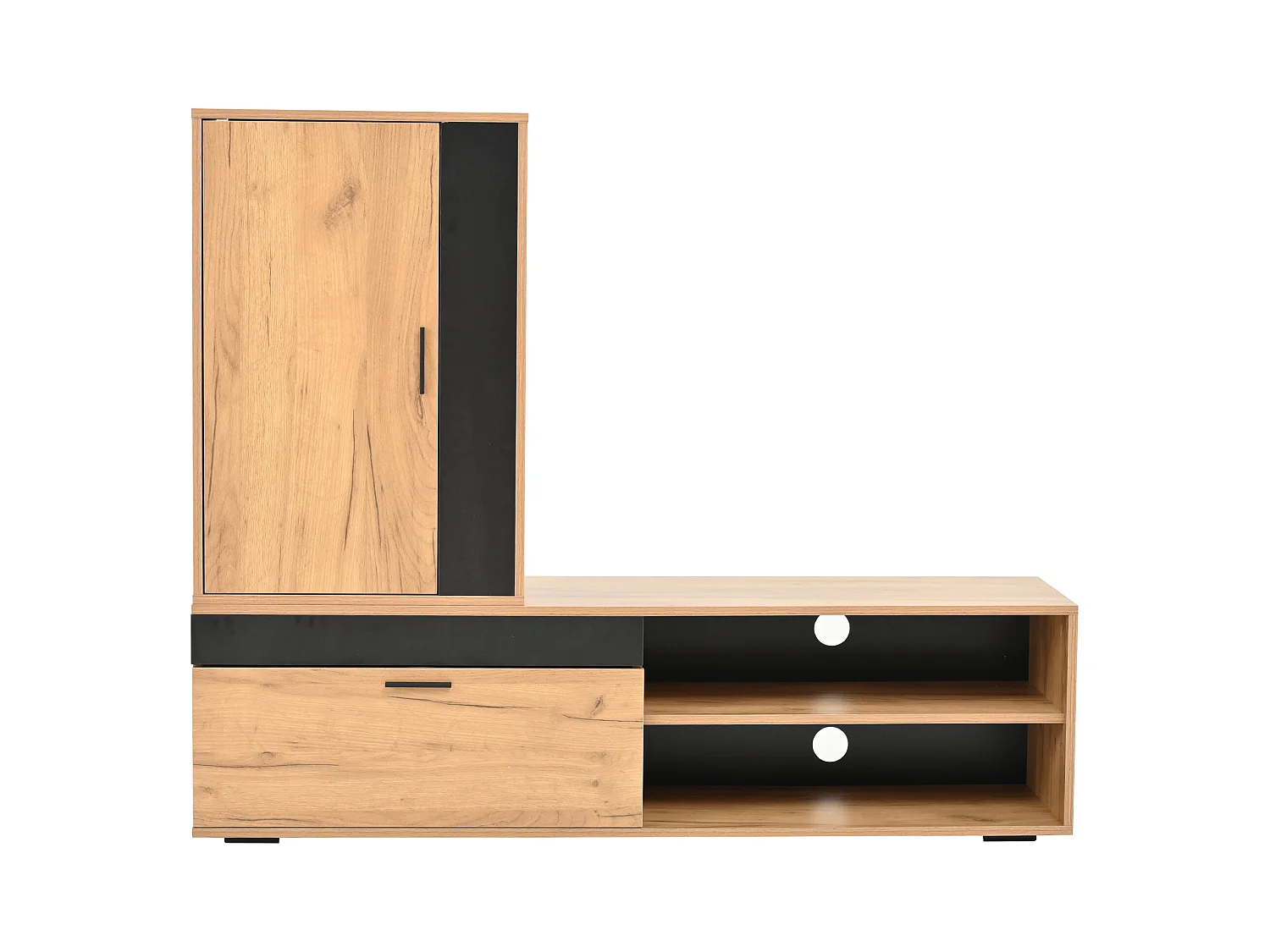 Ensemble meuble TV mural 3 pièces - Meuble TV + meuble mural + étagère - 2 portes - Panneaux de particules - Naturel + Noir