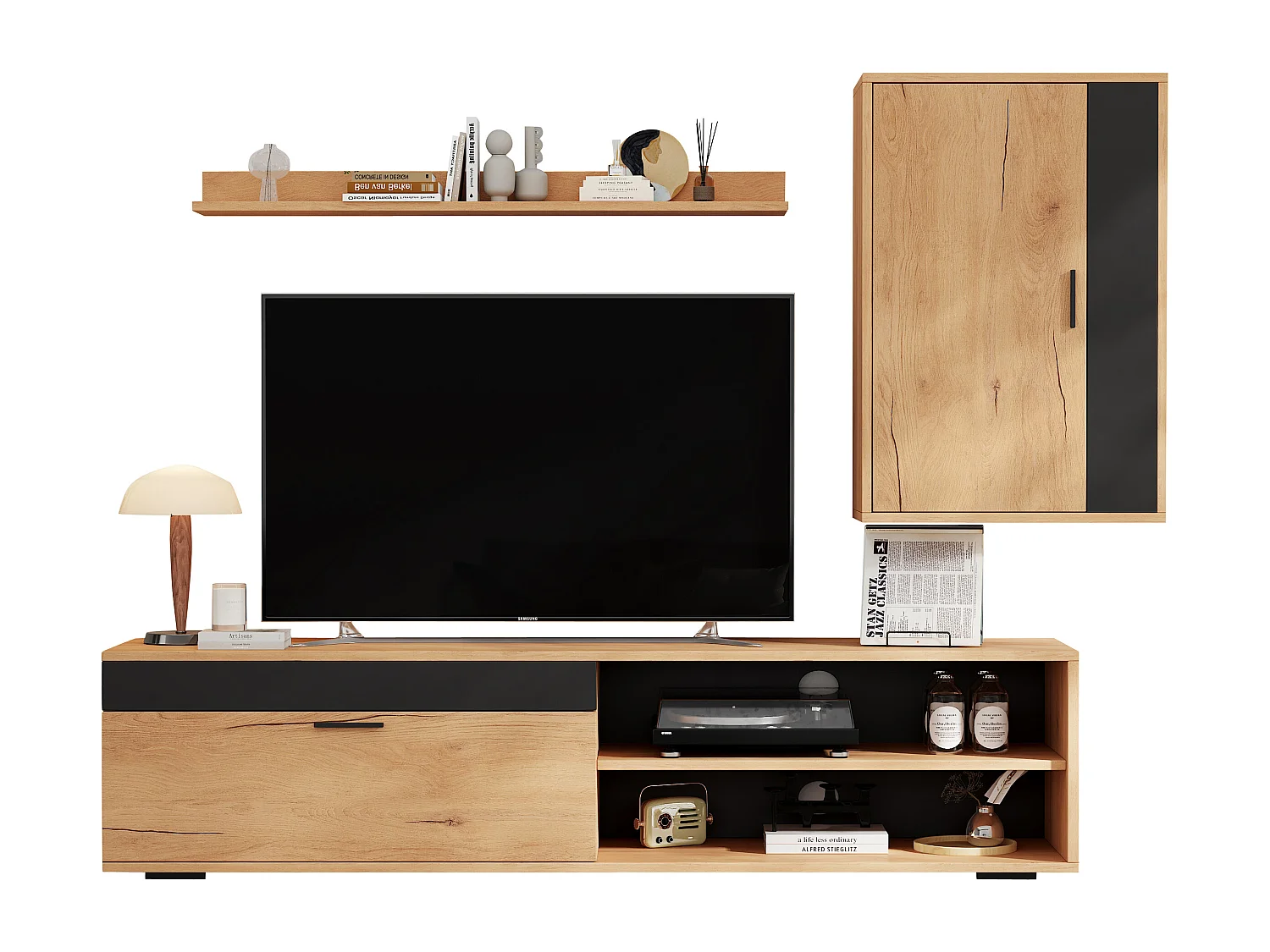 Set mobile TV a parete 3 elementi - Mobile TV + mobile a muro + ripiano - 2 ante - Pannelli di particelle - Naturale + Nero