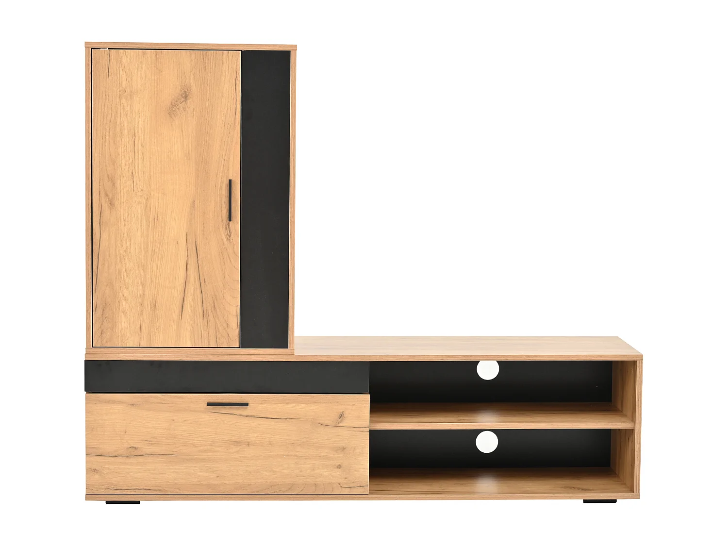 Set mobile TV a parete 3 elementi - Mobile TV + mobile a muro + ripiano - 2 ante - Pannelli di particelle - Naturale + Nero