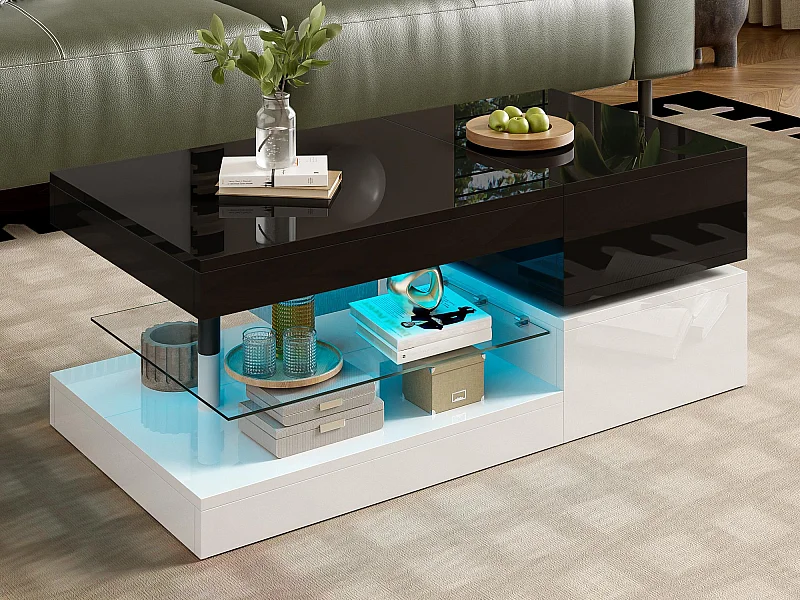 Hogglans salontafel 90×45×35,5 cm - met LED-verlichting - glazen plank - spaanplaat - zwart + wit