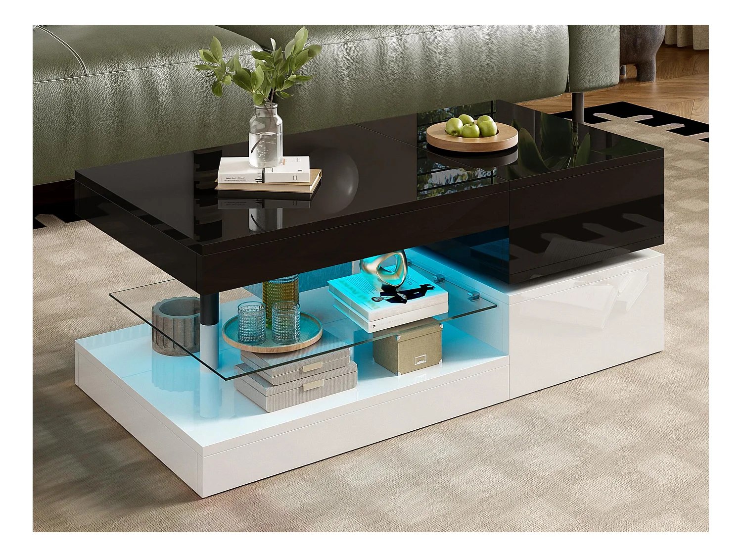 Table basse haute brillance 90x45x35.5cm - avec éclairage LED - étagère en verre - panneaux de particules - noir + blanc