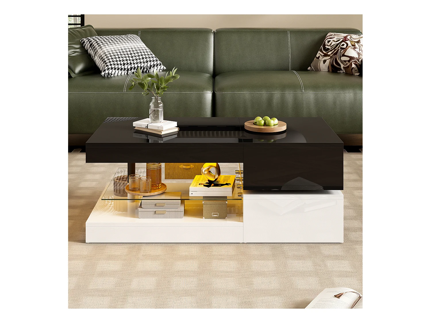 Table basse haute brillance 90x45x35.5cm - avec éclairage LED - étagère en verre - panneaux de particules - noir + blanc