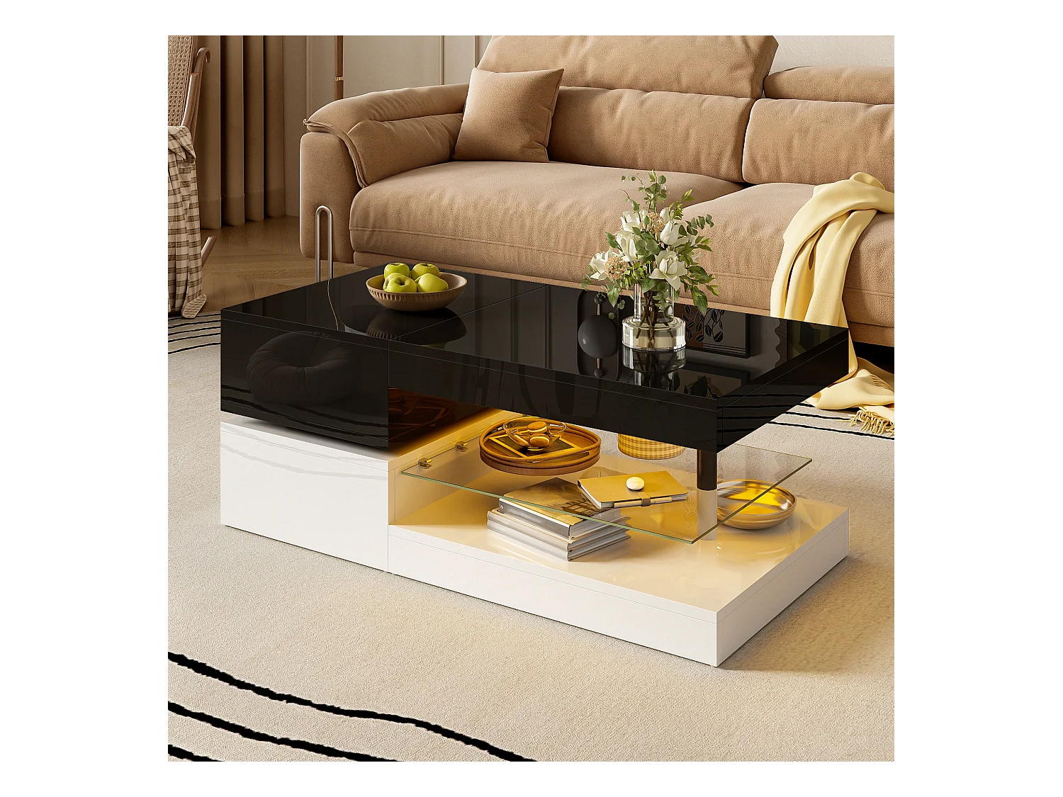 Table basse haute brillance 90x45x35.5cm - avec éclairage LED - étagère en verre - panneaux de particules - noir + blanc