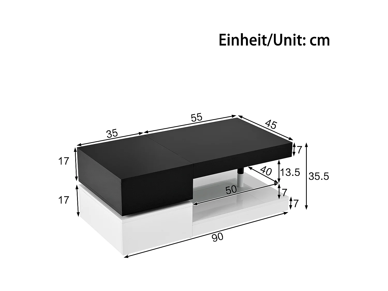 Table basse haute brillance 90x45x35.5cm - avec éclairage LED - étagère en verre - panneaux de particules - noir + blanc