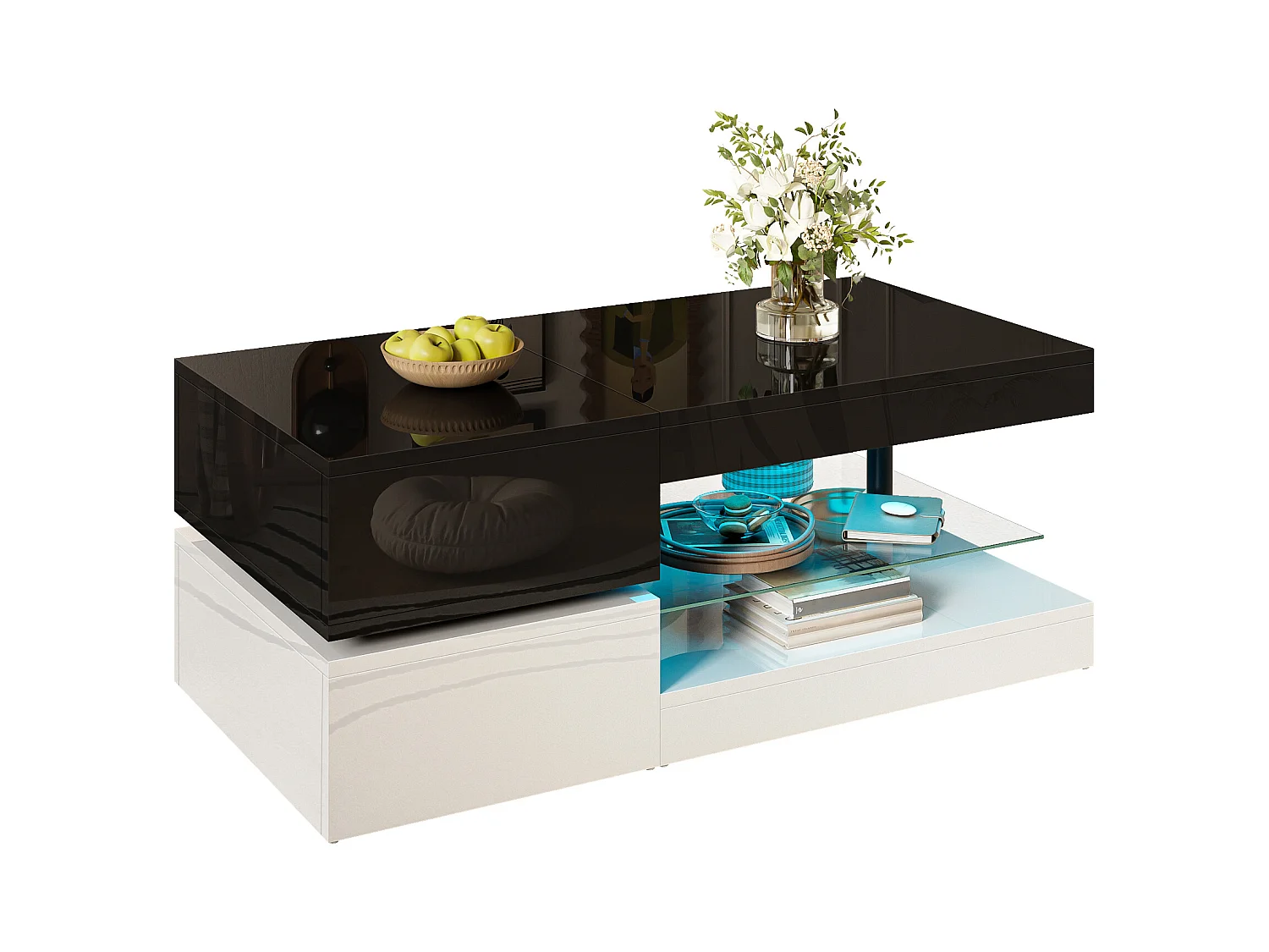 Table basse haute brillance 90x45x35.5cm - avec éclairage LED - étagère en verre - panneaux de particules - noir + blanc