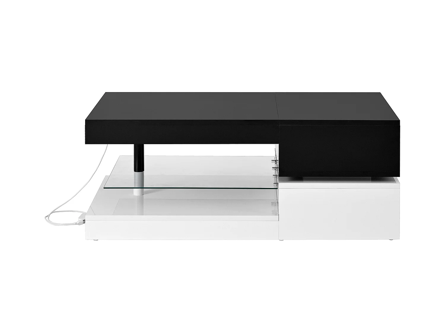 Table basse haute brillance 90x45x35.5cm - avec éclairage LED - étagère en verre - panneaux de particules - noir + blanc