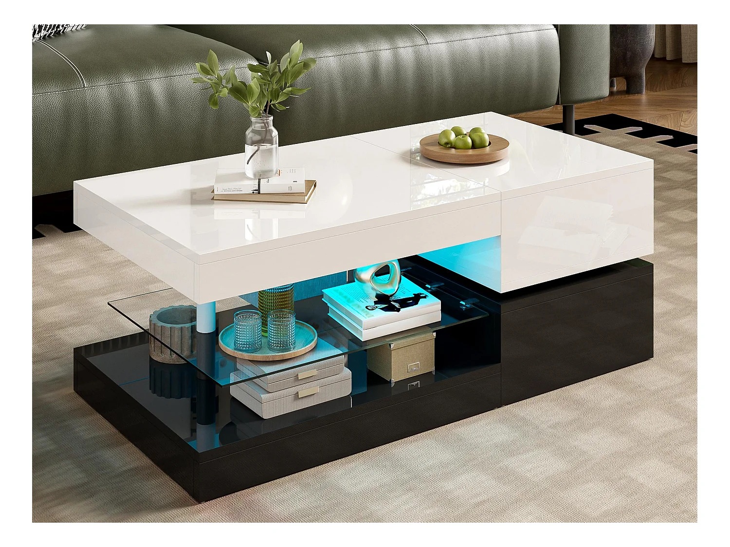 Table basse haute brillance 90x45x35.5cm - avec éclairage LED - étagère en verre - panneaux de particules - blanc + noir