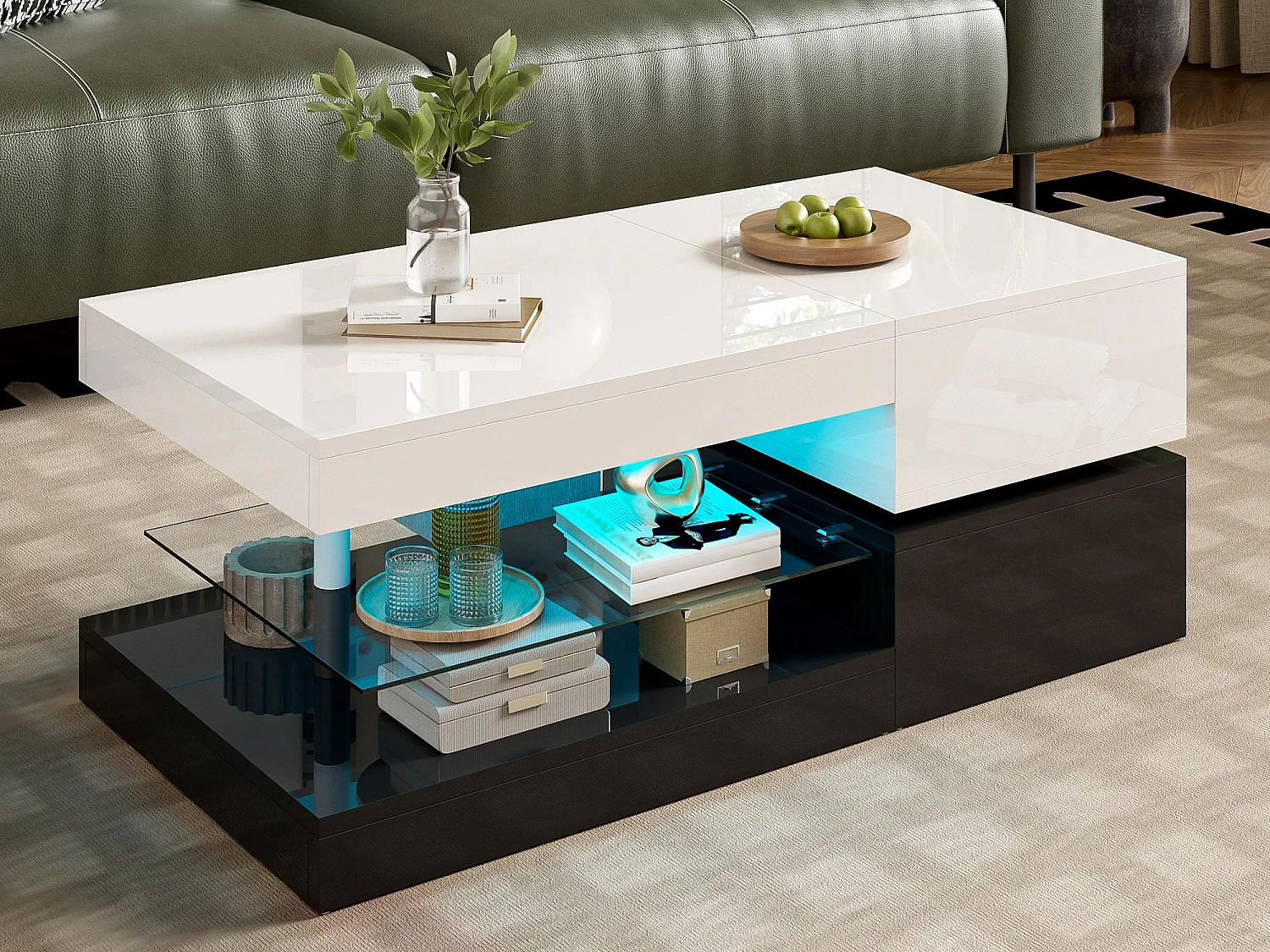 Mesa de centro brilhante 90×45×35,5 cm - com iluminação LED - prateleira de vidro - painel de partículas - branco + preto