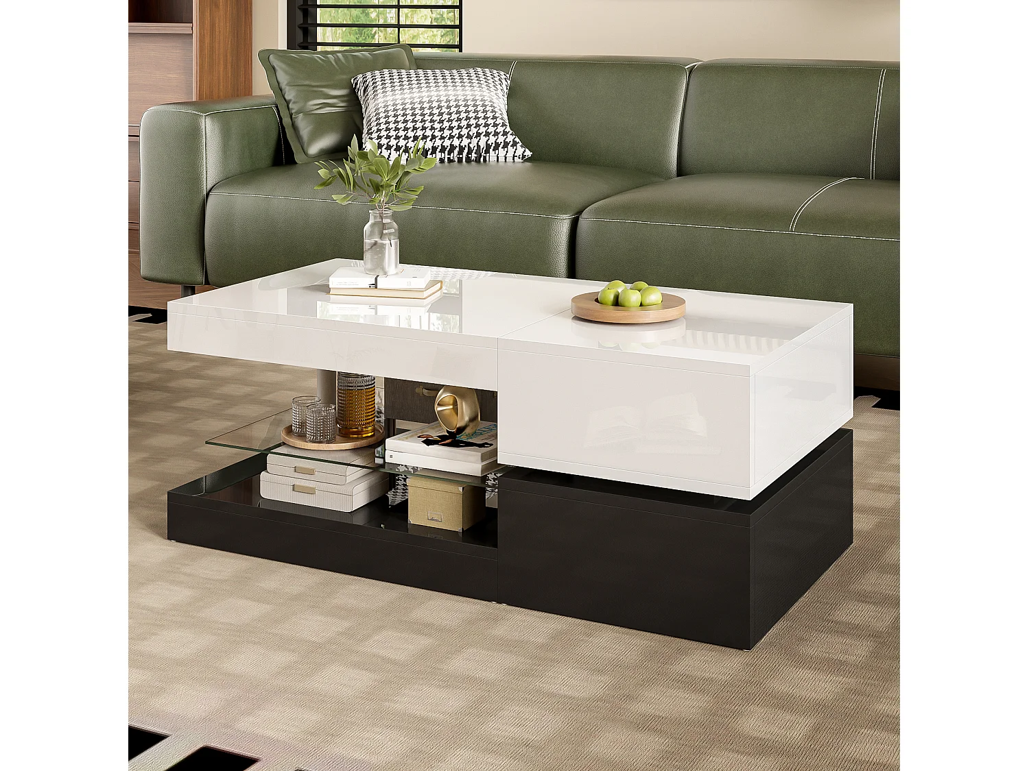 Mesa de centro brilhante 90×45×35,5 cm - com iluminação LED - prateleira de vidro - painel de partículas - branco + preto